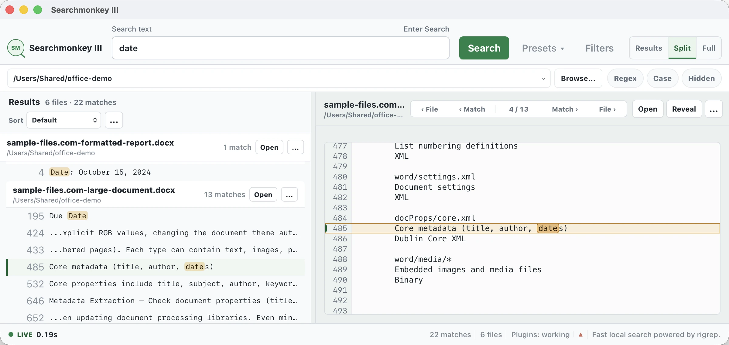 Searchmonkey showing Office document search results with a preview panel
